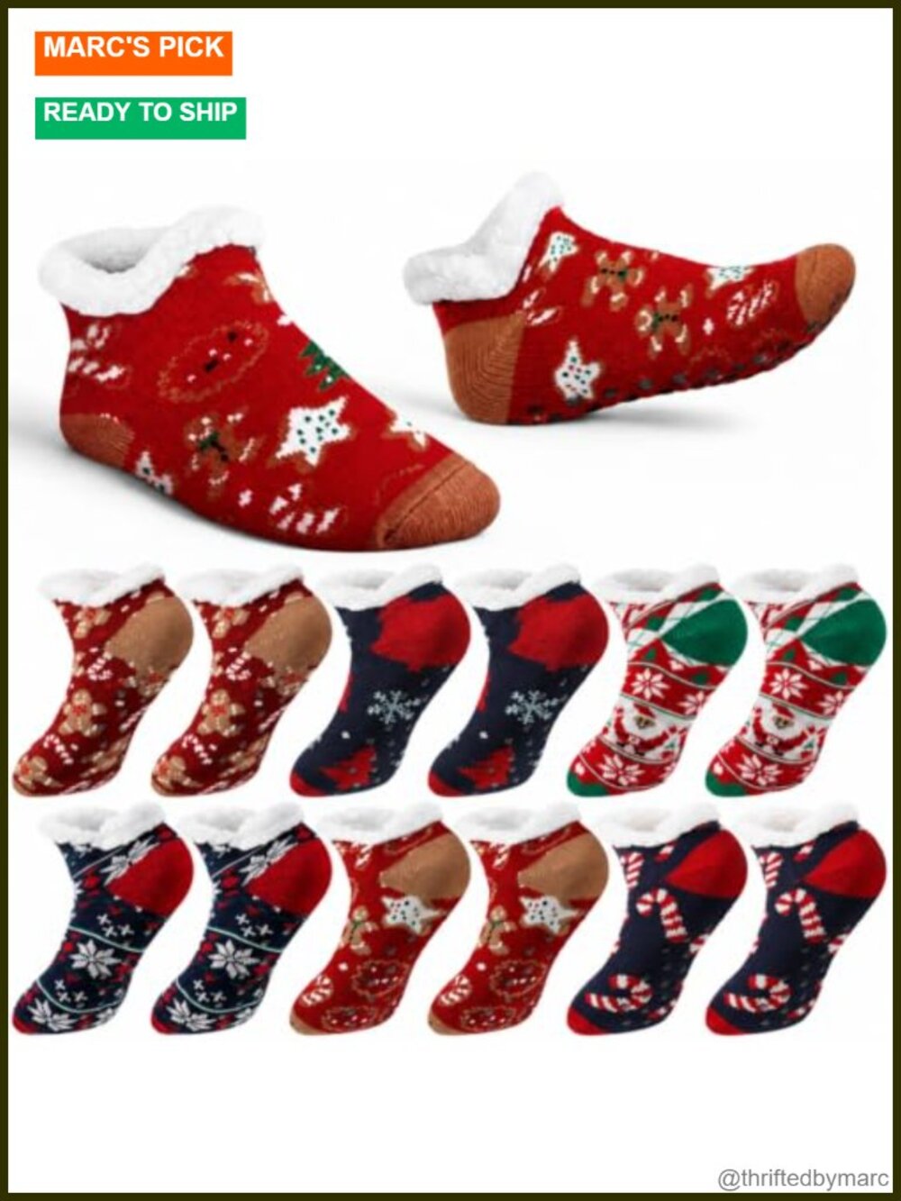 Fuzzy Slipper Socks with Grips Sherpa Lined 6 Pairs